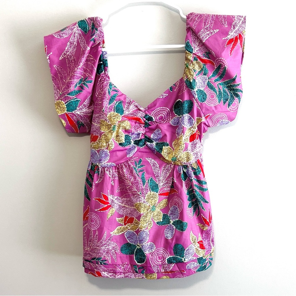 Boutique Floral Print Sweetheart Flutter Sleeve Blouse